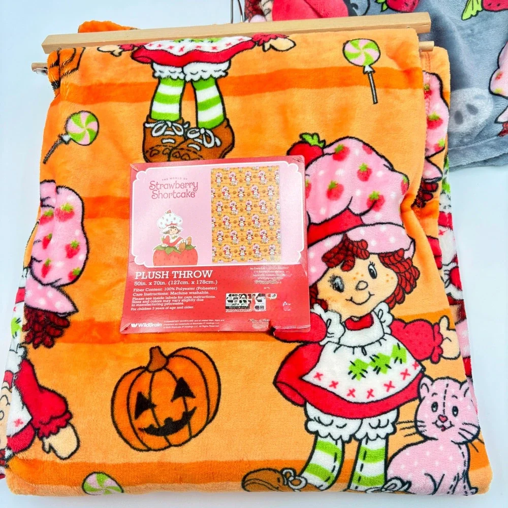 Strawberry Shortcake Halloween Plush Throw Blankets Set of 2 Orange Grey Pumpkin